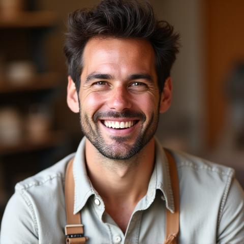 Ritratto sorridente di Marco Bianchi, istruttore di tornaio a Corallo Studio.