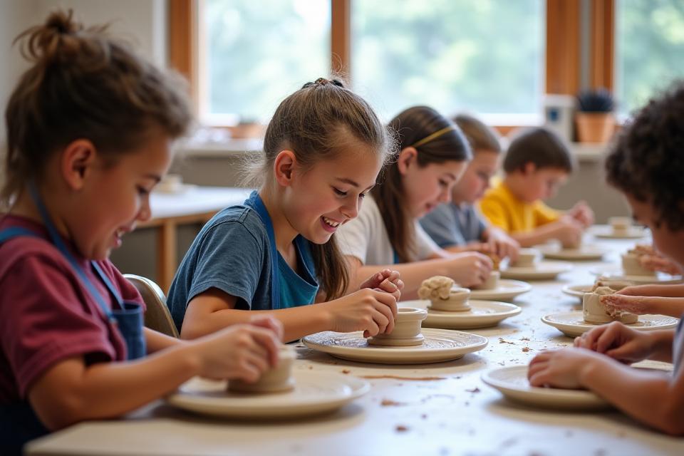 Studenti di Corallo Studio che lavorano su pezzi di argilla con concentrazione.