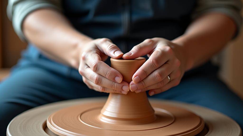 Mani di un ceramista che lavorano l'argilla su un tornio, con un tocco artistico e luce soffusa.