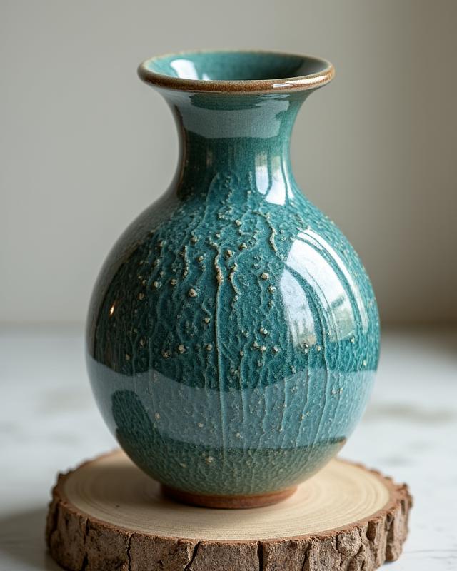 Vaso in ceramica con texture corallo marino e smalto blu-verde